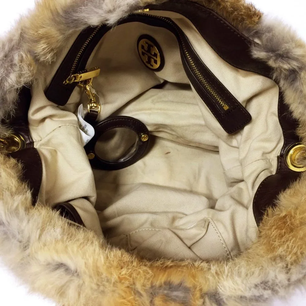 Tory Burch Genuine Rabbit Fur Shoulder Bag Natural Brown Gold Chain Strap